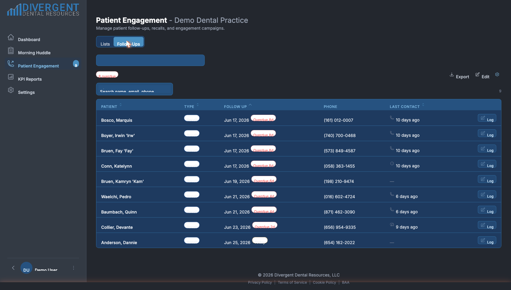 Divergent Dental Hub patient follow-ups showing logged contact attempts, outcomes, and next steps